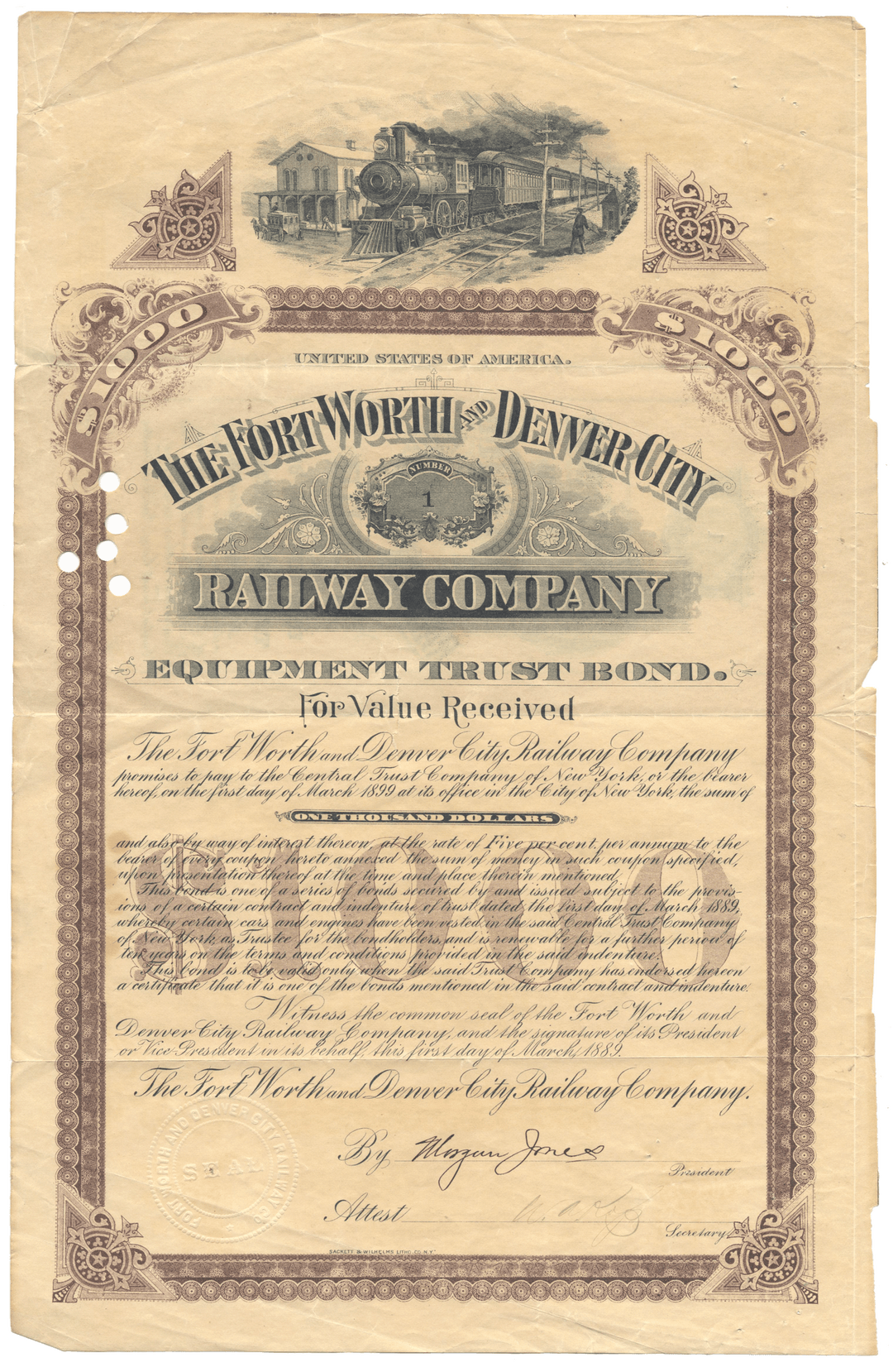 Vintage bond certificate of the Fort Worth & Denver City Railway Company from 1889