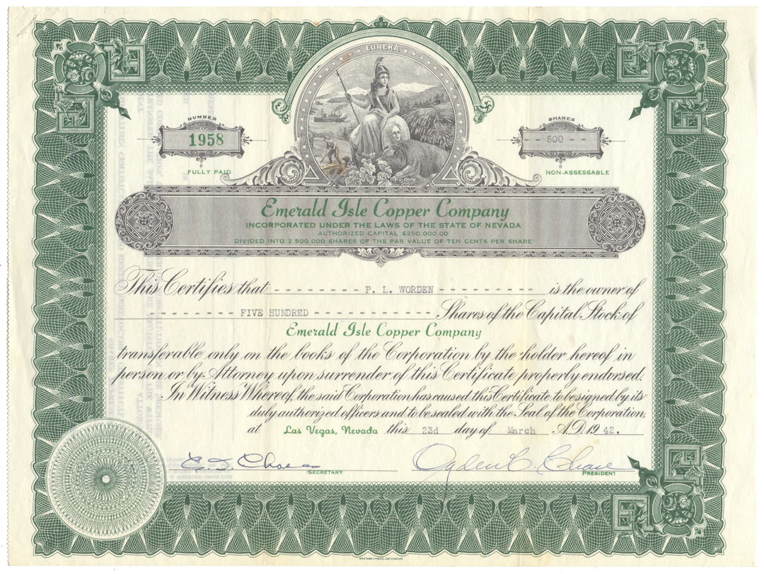 Emerald Isle Copper Company Stock Certificate