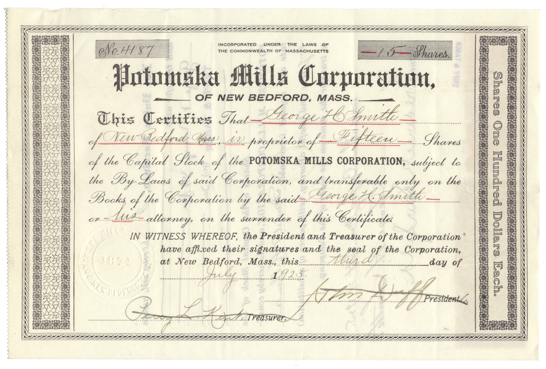 Potomska Mills Corporation Stock Certificate