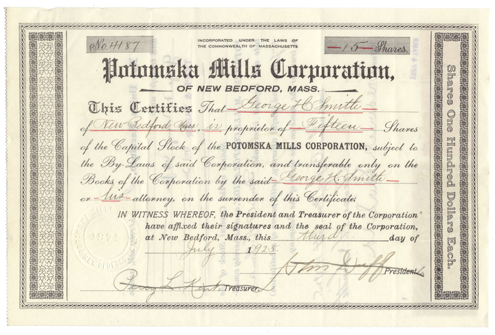 Potomska Mills Corporation Stock Certificate