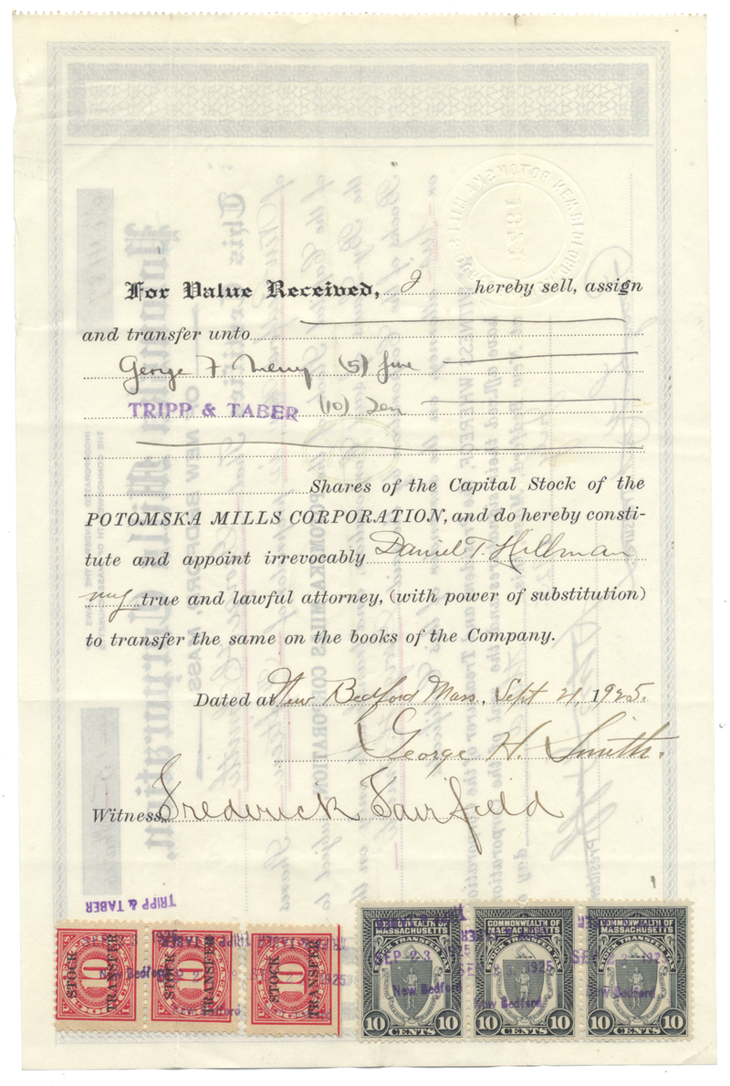 Potomska Mills Corporation Stock Certificate