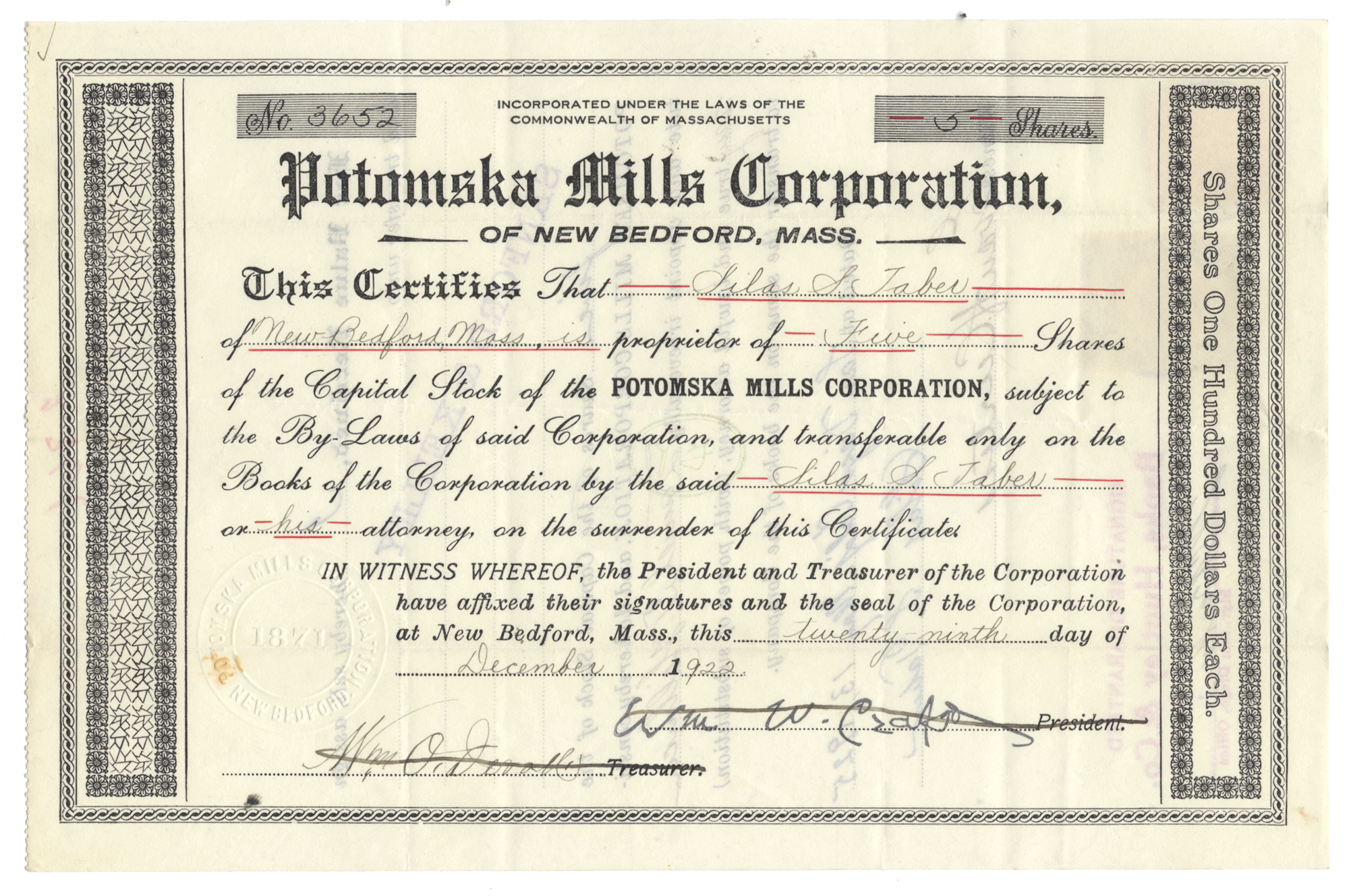 Stock certificate of Potomska Mills Corporation from New Bedford, Mass. from 1922