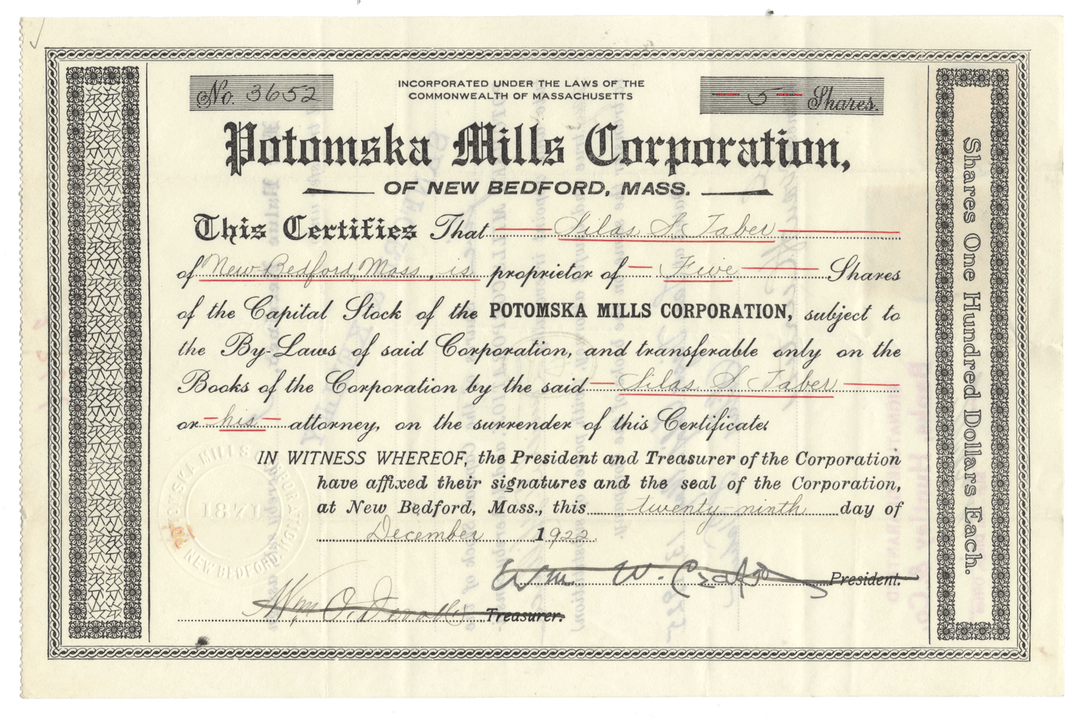 Stock certificate of Potomska Mills Corporation from New Bedford, Mass. from 1922