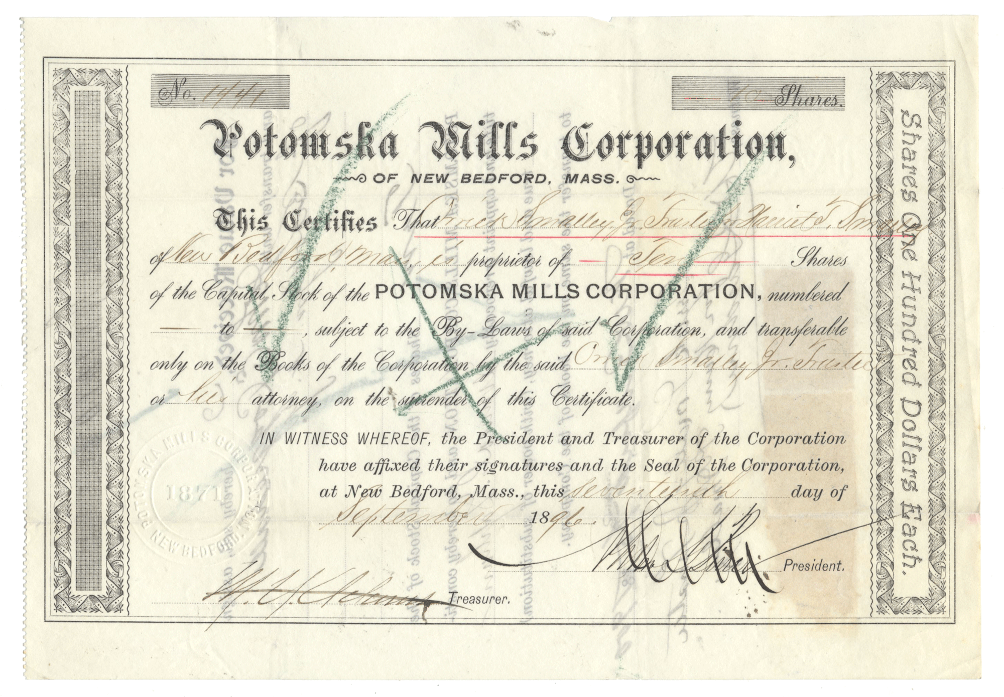 Stock certificate of Potomska Mills Corporation from 1896 with signatures and text.