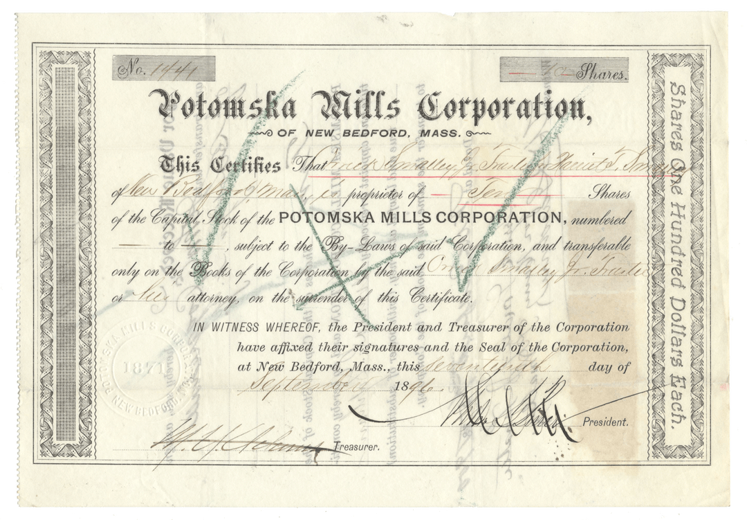 Stock certificate of Potomska Mills Corporation from 1896 with signatures and text.
