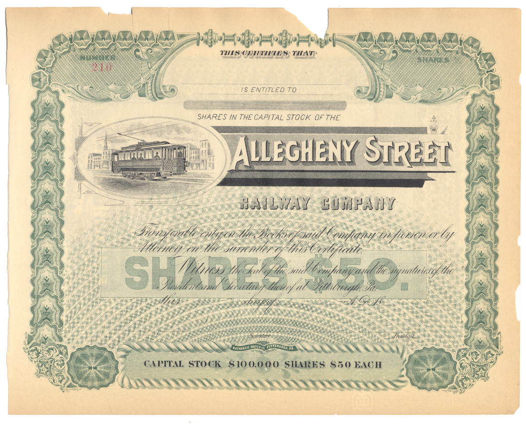 Allegheny Street Railway Company Stock Certificate