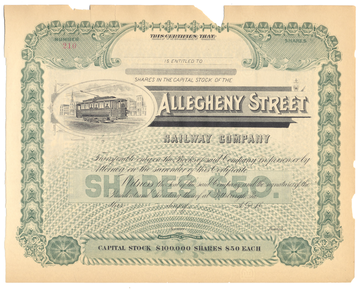 Allegheny Street Railway Company Stock Certificate