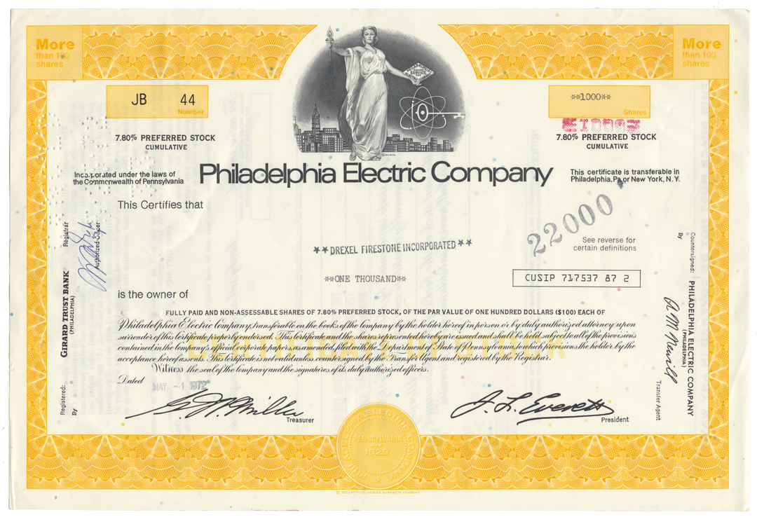 Philadelphia Electric Company Stock Certificate