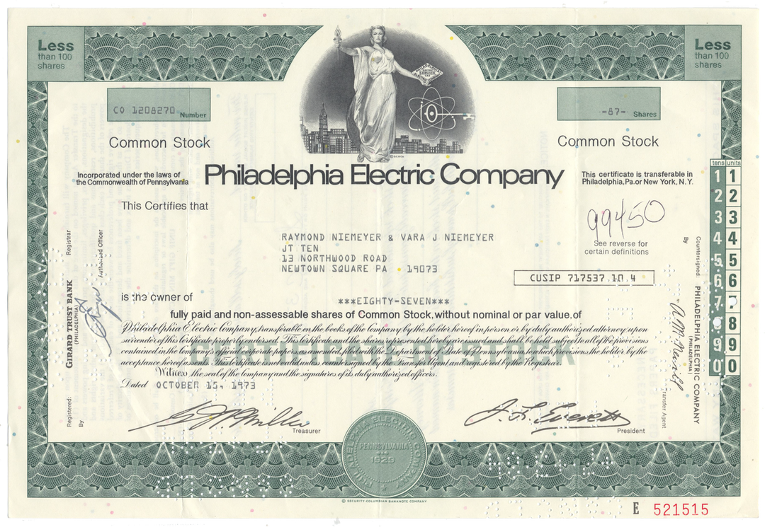 Philadelphia Electric Company Stock Certificate