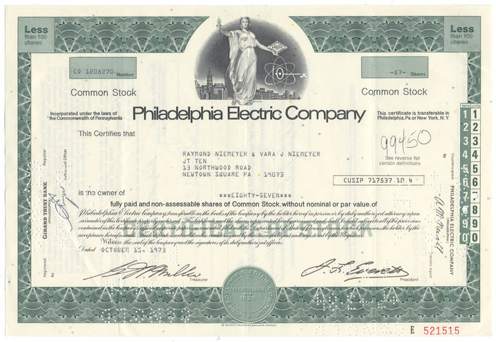 Philadelphia Electric Company Stock Certificate