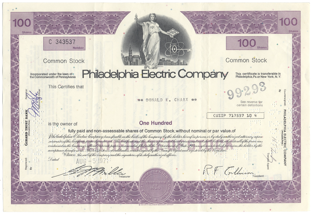 Philadelphia Electric Company Stock Certificate