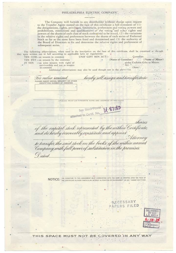 Philadelphia Electric Company Stock Certificate