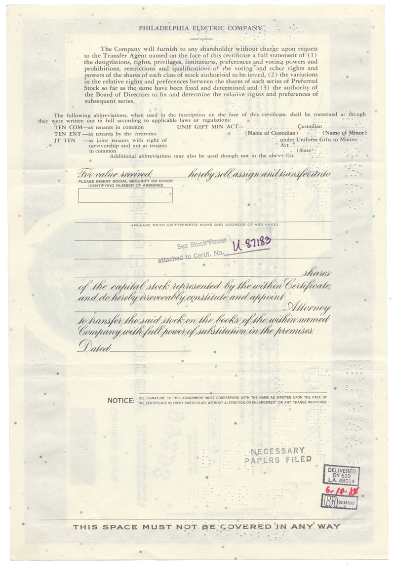 Philadelphia Electric Company Stock Certificate
