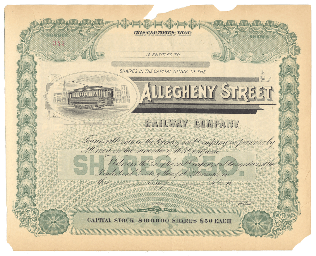 Vintage stock certificate for the Allegheny Street Railway Company with decorative elements.
