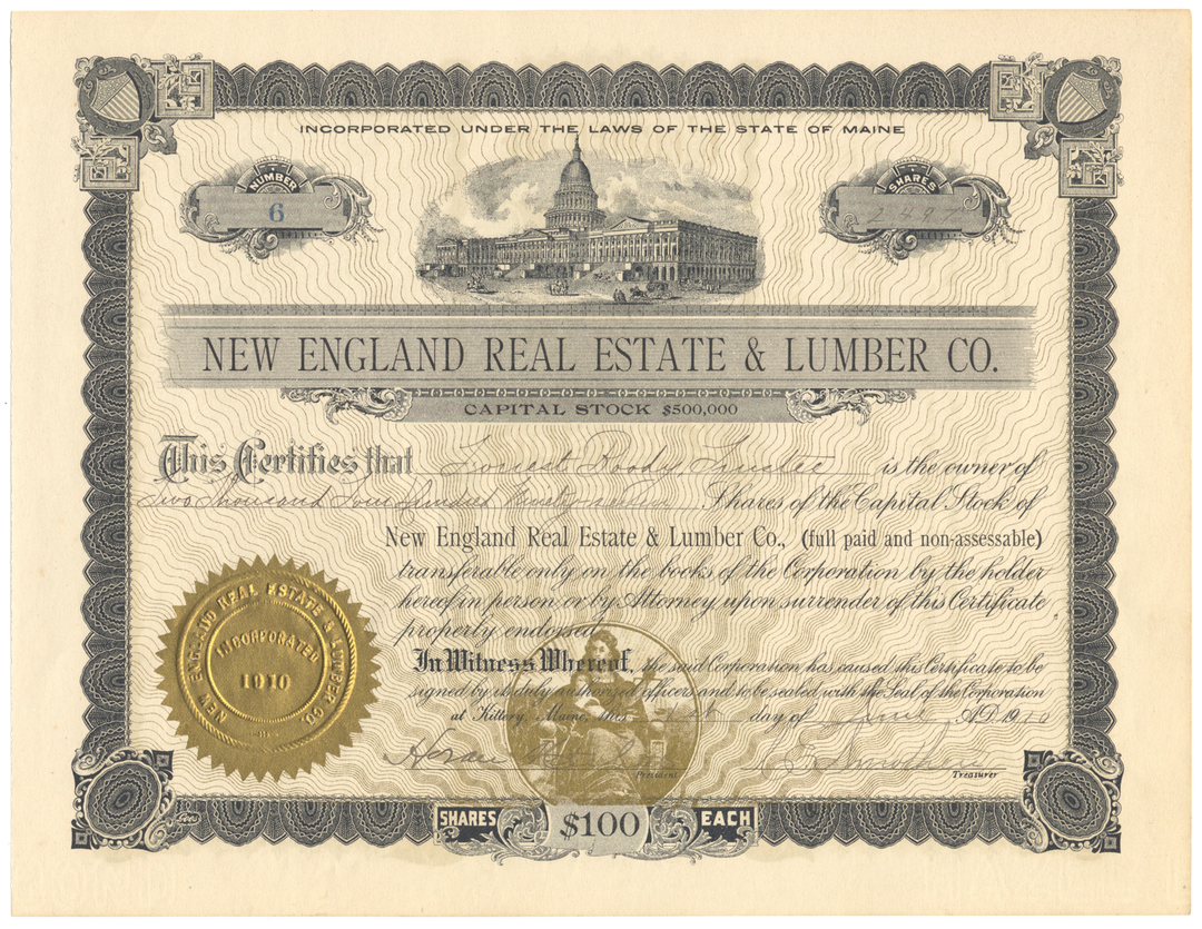 New England Real Estate & Lumber Co. Stock Certificate