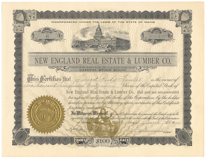 New England Real Estate & Lumber Co. Stock Certificate