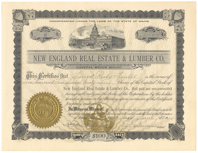 New England Real Estate & Lumber Co. Stock Certificate