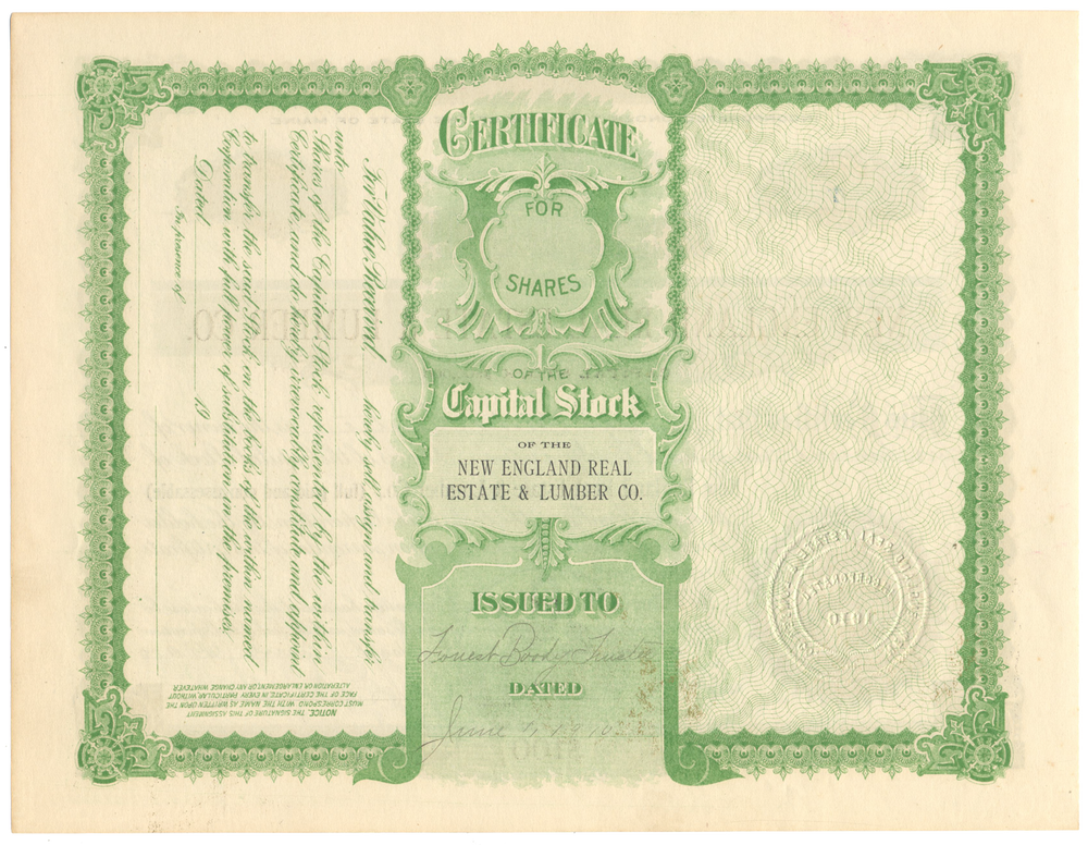 New England Real Estate & Lumber Co. Stock Certificate