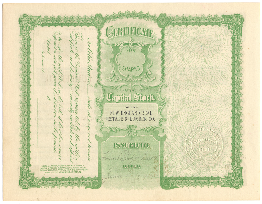 New England Real Estate & Lumber Co. Stock Certificate