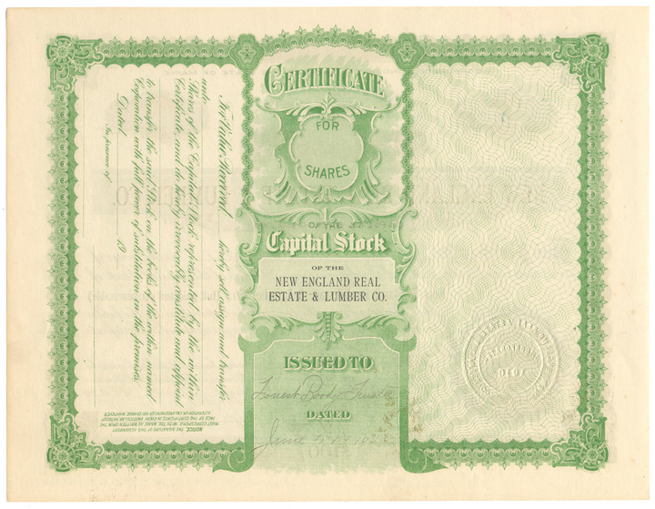 New England Real Estate & Lumber Co. Stock Certificate