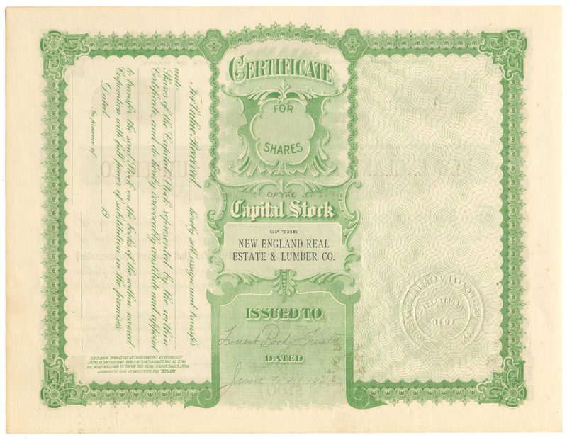 New England Real Estate & Lumber Co. Stock Certificate