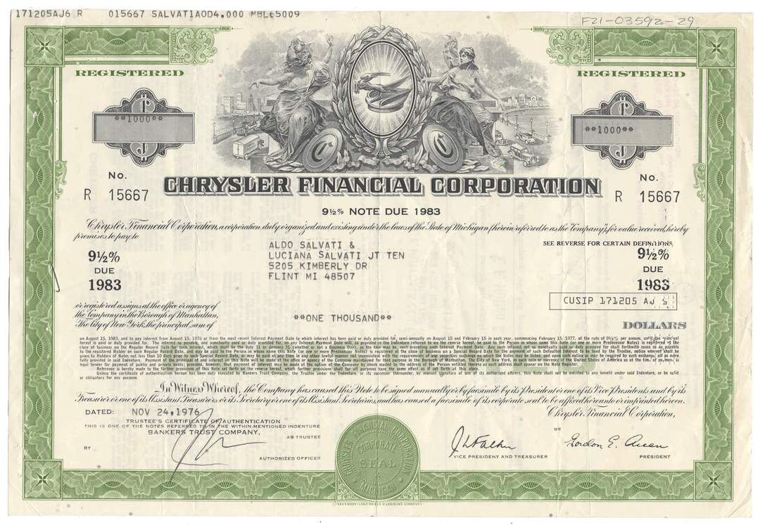 Chrysler Financial Corporation bond certificate from 1976 with detailed text and logo.