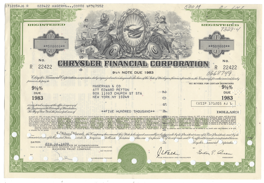 Chrysler Financial Corporation bond certificate from 1978