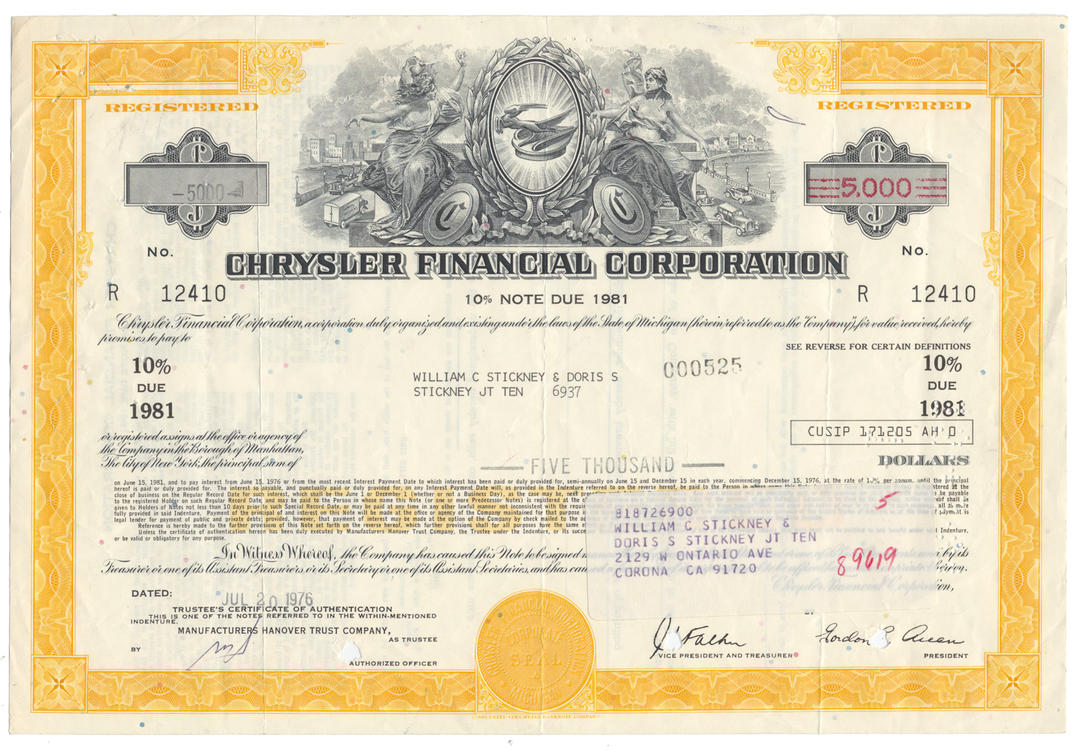 Chrysler Financial Corporation Bond Certificate