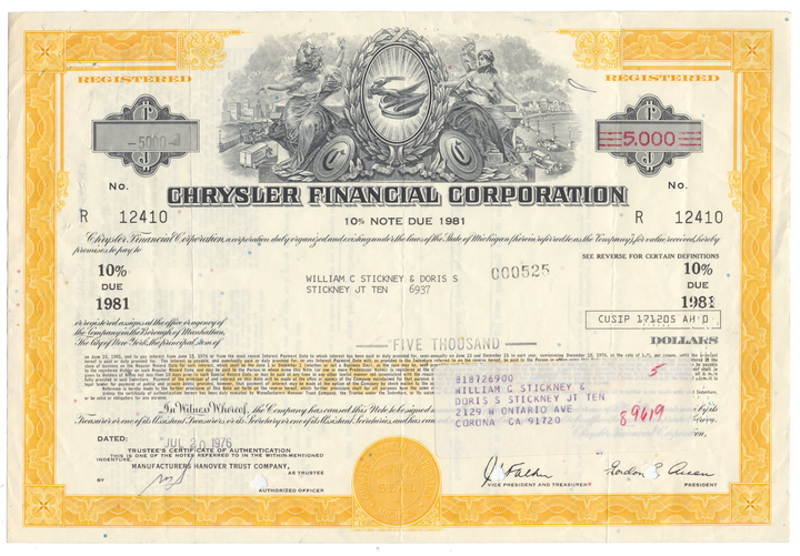 Chrysler Financial Corporation Bond Certificate