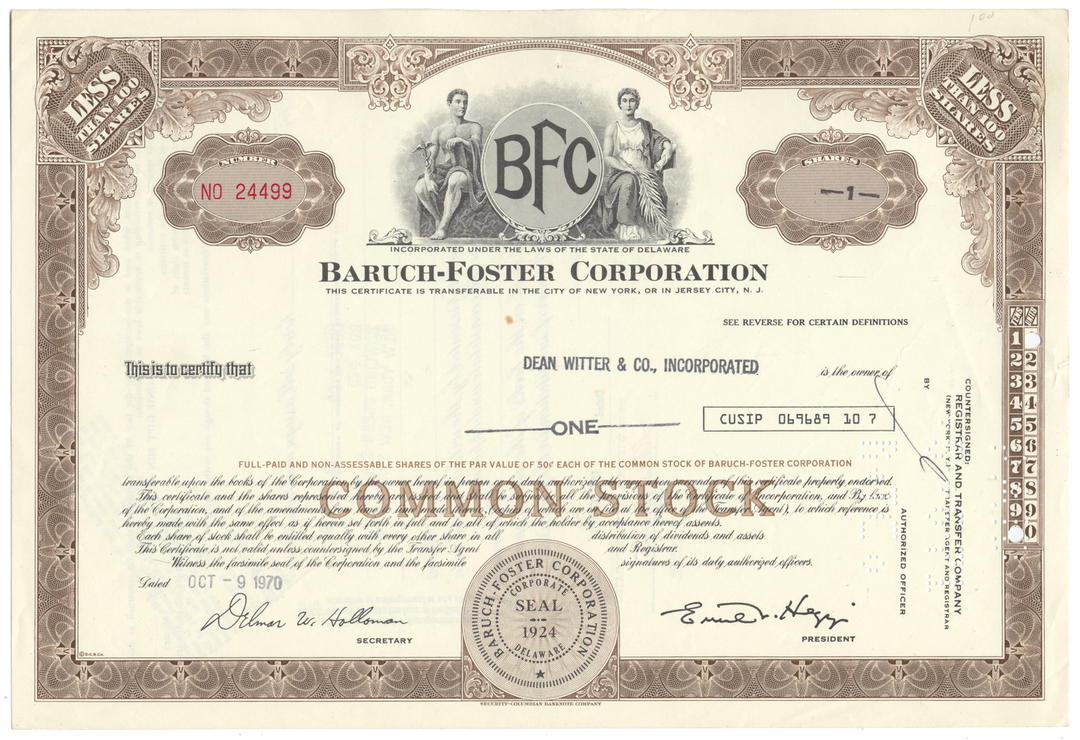 Baruch-Foster Corporation Stock Certificate