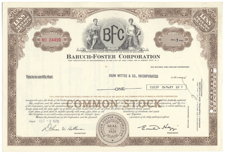 Baruch-Foster Corporation Stock Certificate