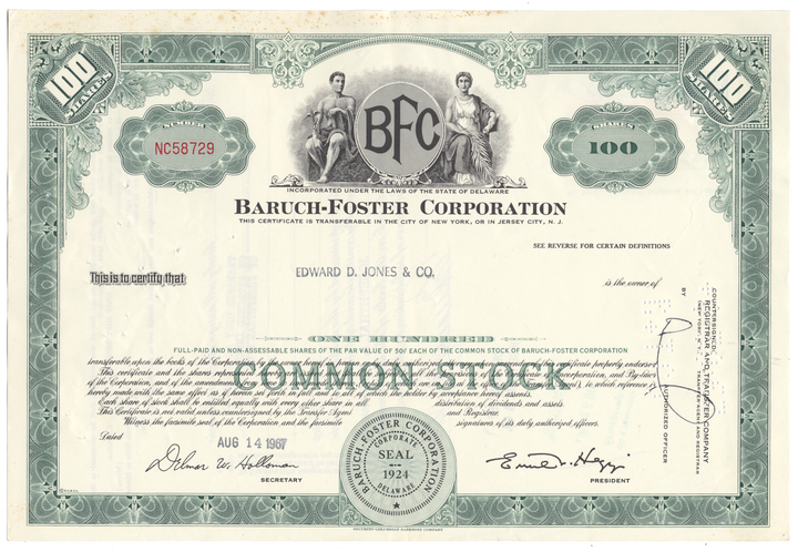 Baruch-Foster Corporation Stock Certificate