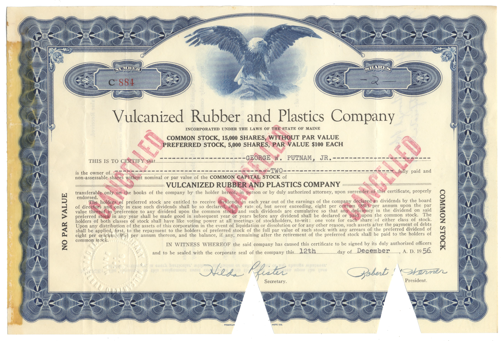 Vintage stock certificate for Vulcanized Rubber and Plastics Company with an eagle emblem.