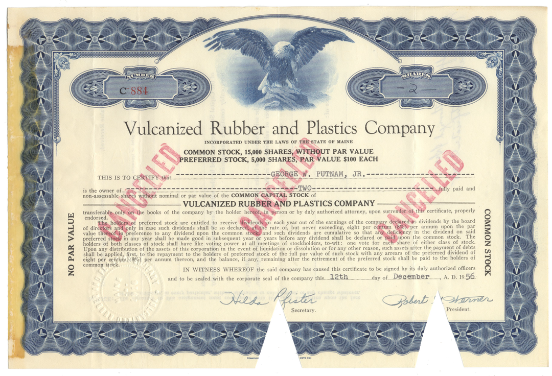 Vintage stock certificate for Vulcanized Rubber and Plastics Company with an eagle emblem.