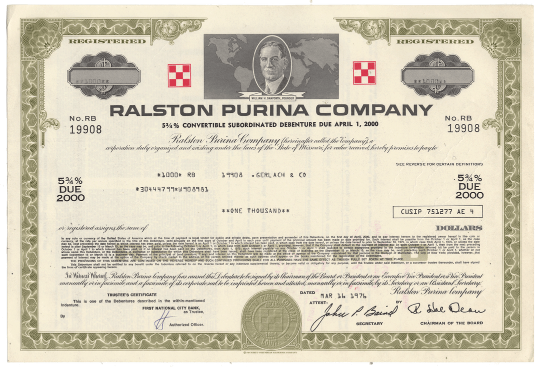 A vintage Ralston Purina Company bond certificate from 1976
