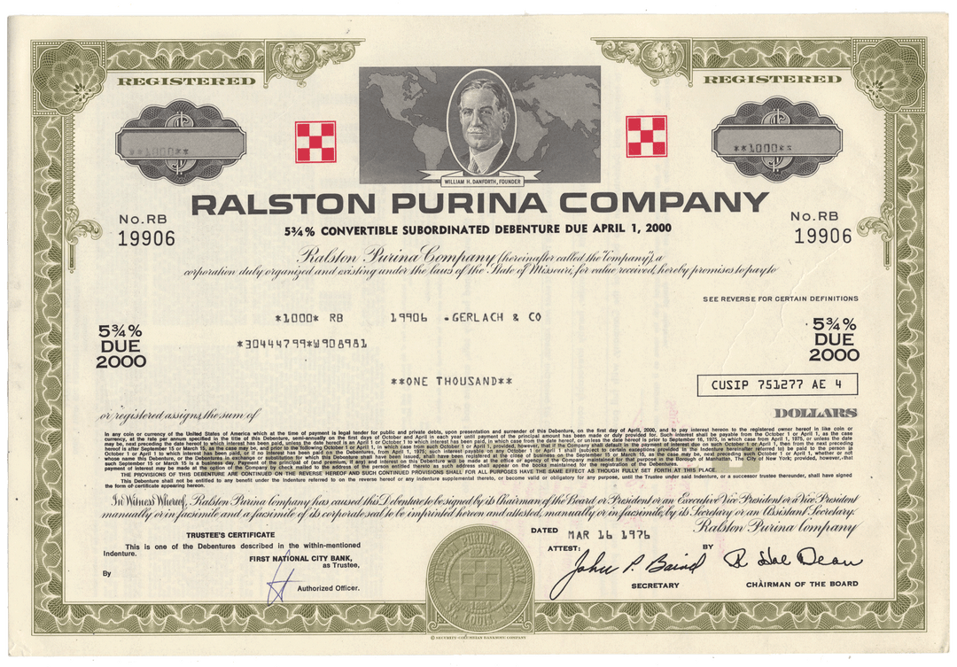 Ralston Purina Company Bond Certificate