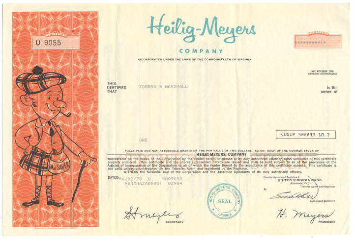 Heilig-Myers Company Stock Certificate