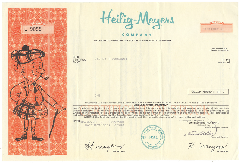 Heilig-Myers Company Stock Certificate