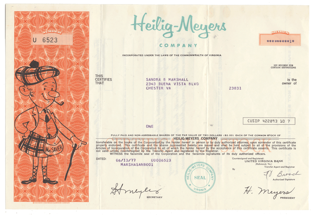 Share certificate from Heilig Meyers Company with a cartoon character on the left side.