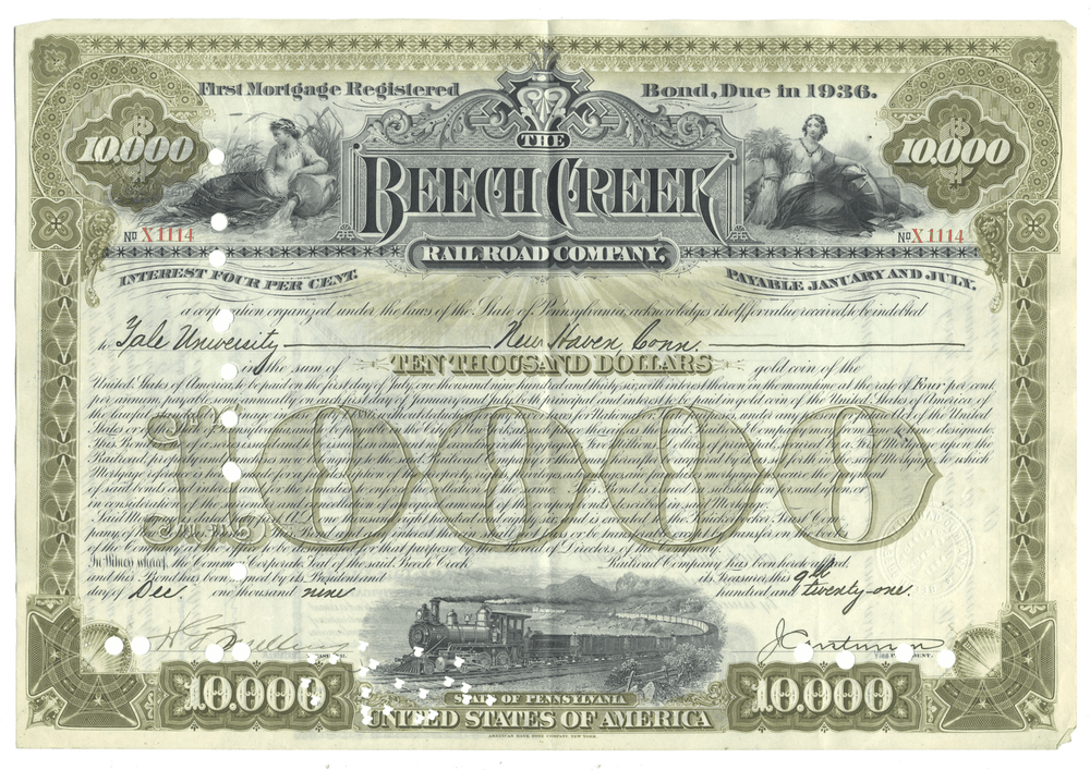 Historical bond certificate for the Beech Creek Railroad Companyfrom 1921