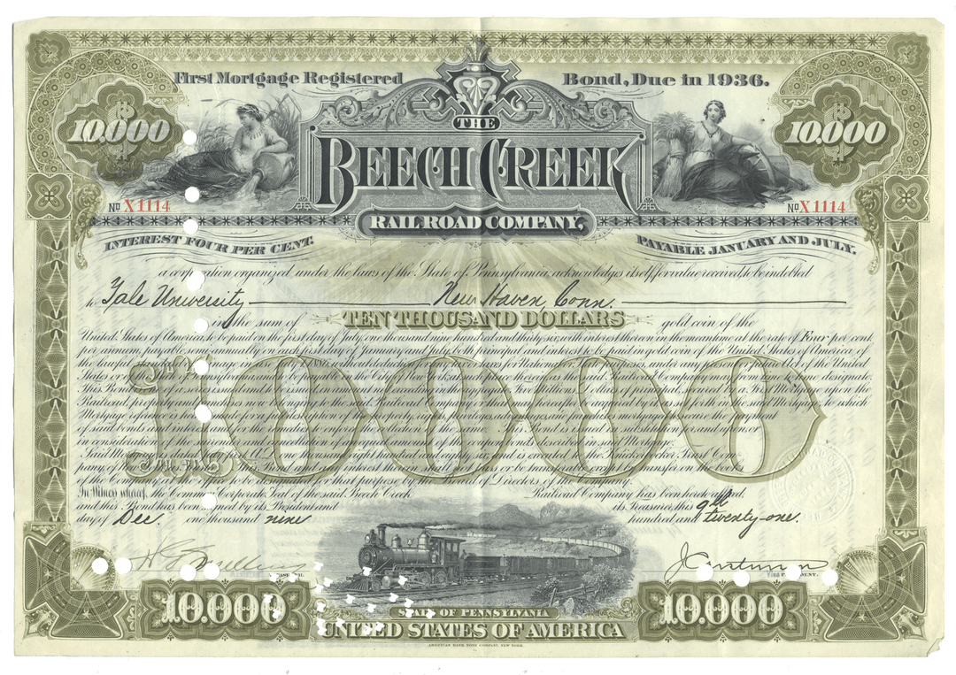 Historical bond certificate for the Beech Creek Railroad Companyfrom 1921