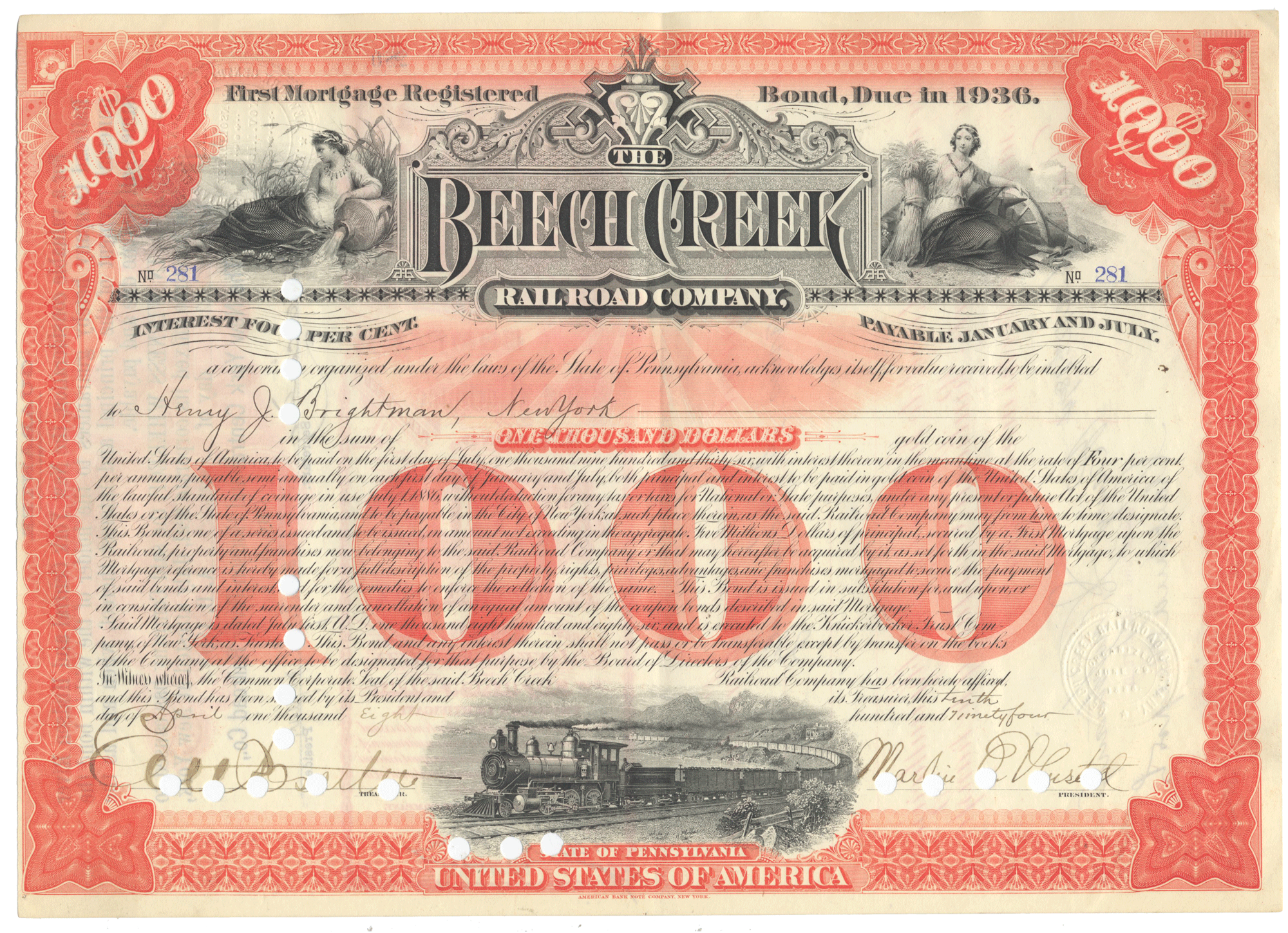 Vintage bond certificate for Beech Creek Railroad Company from 1894