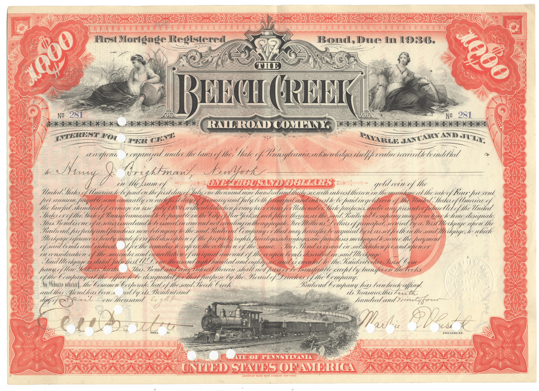 Vintage bond certificate for Beech Creek Railroad Company from 1894