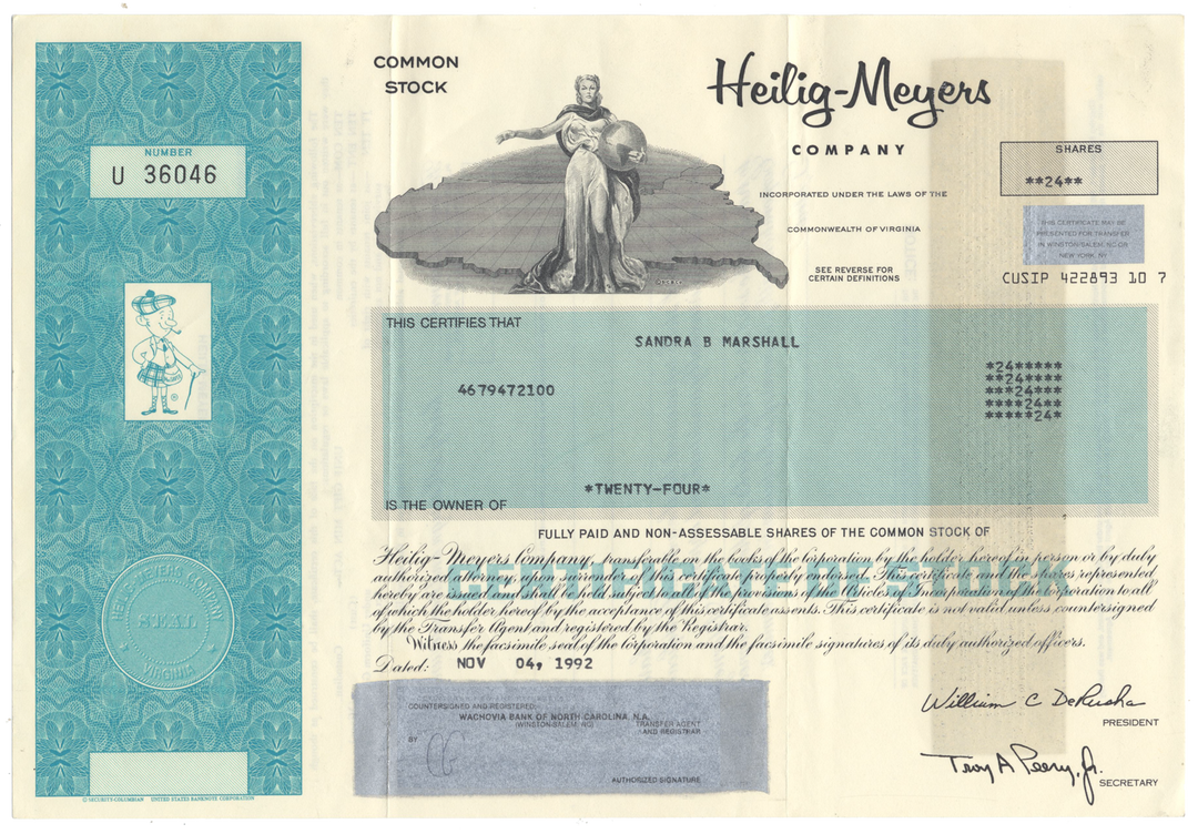 Heilig-Meyers Company Stock Certificate