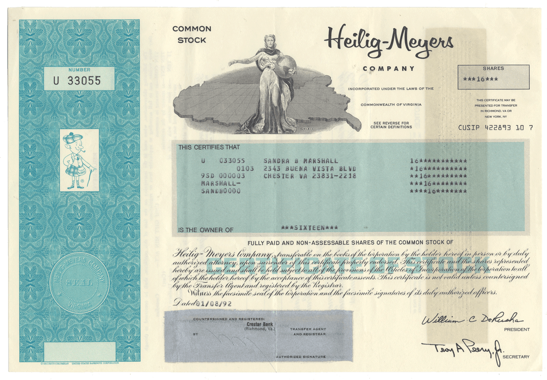 Heilig-Meyers Company stock certificate with decorative elements and text.