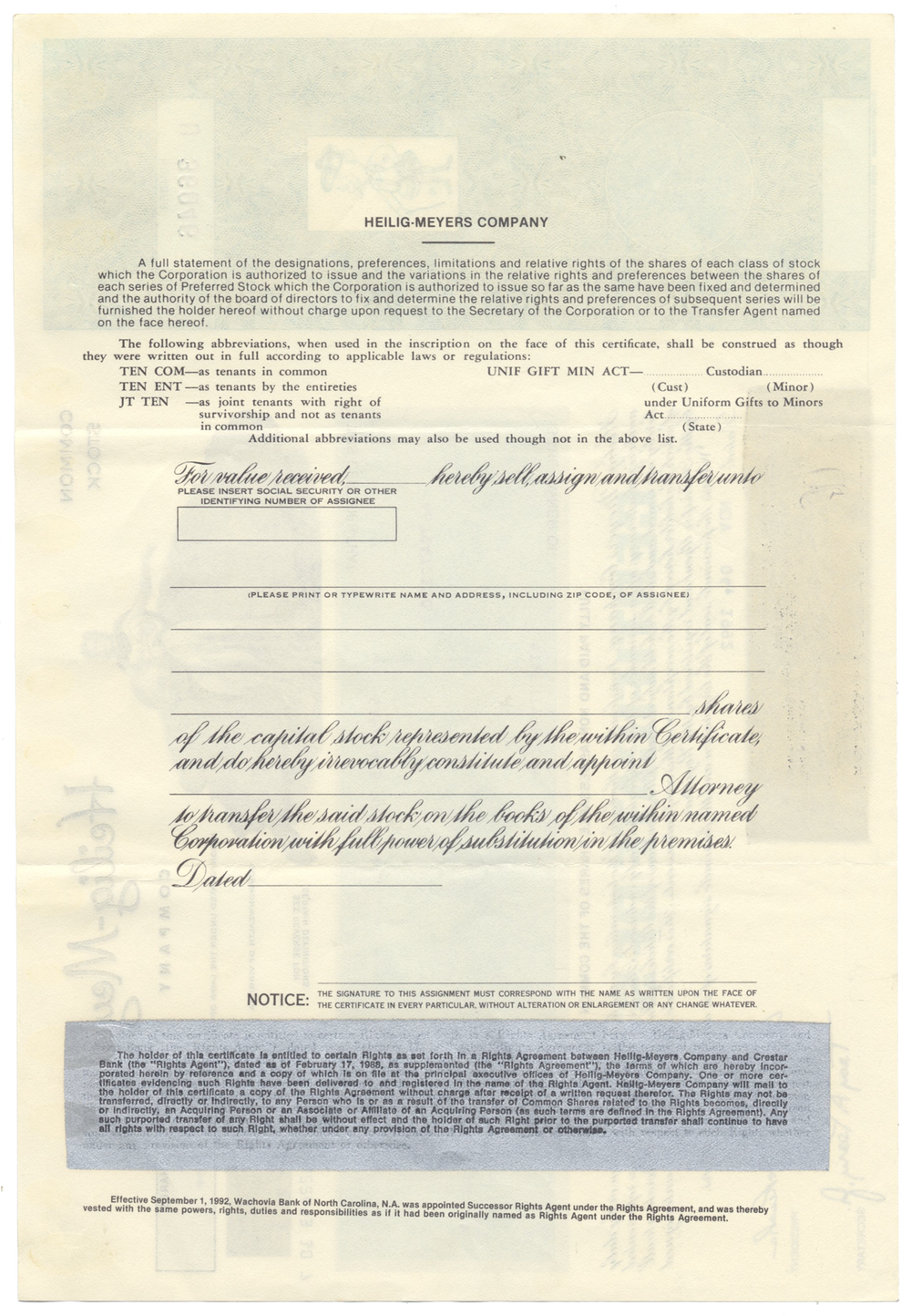 Heilig-Meyers Company Stock Certificate