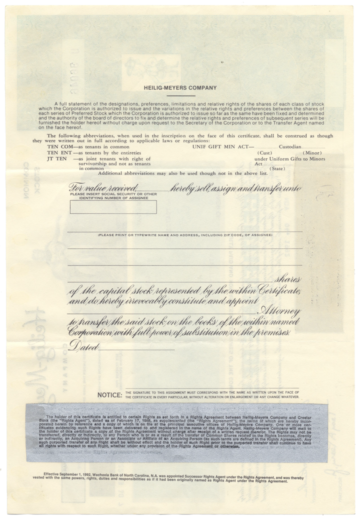 Heilig-Meyers Company Stock Certificate