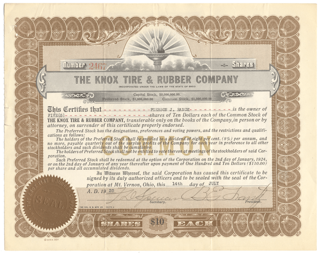 Knox Tire & Rubber Company Stock Certificate