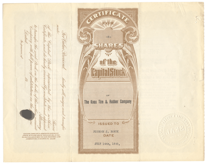 Knox Tire & Rubber Company Stock Certificate