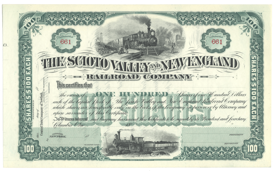 Scioto Valley & New England Railroad Company stock certificate with train illustration